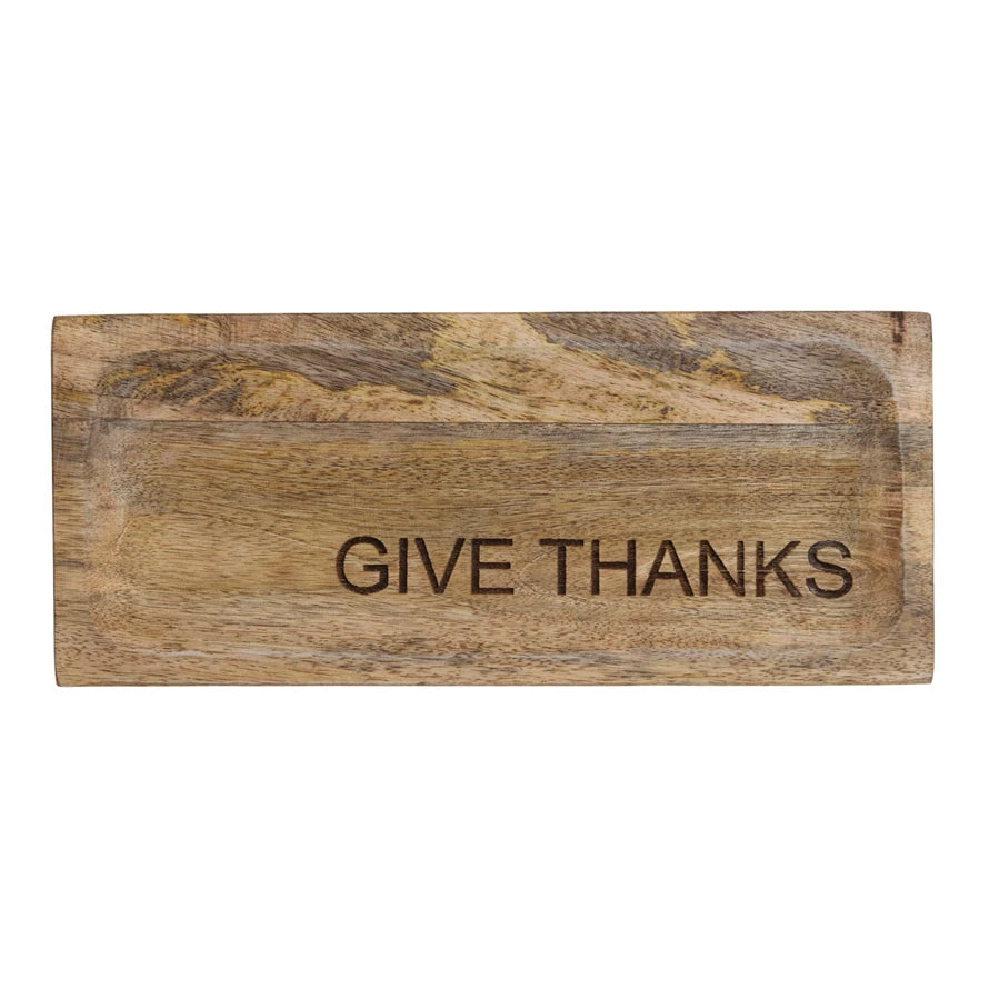11-3/4"L x 5-3/4"W Engraved Mango Wood Cheese/Cutting Board "Give Thanks", Natural