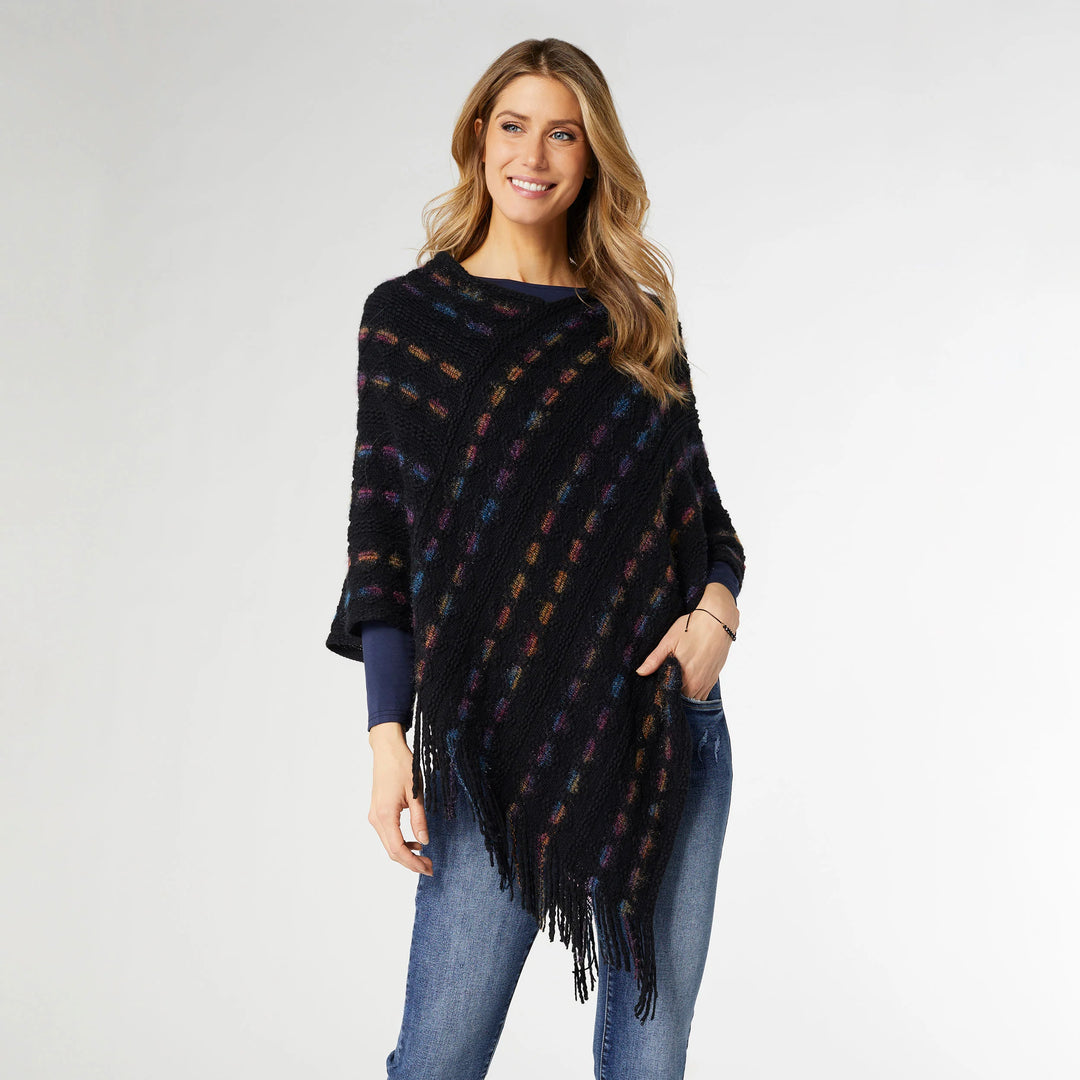 Emily Brushed Poncho with Fringe - Black Multi