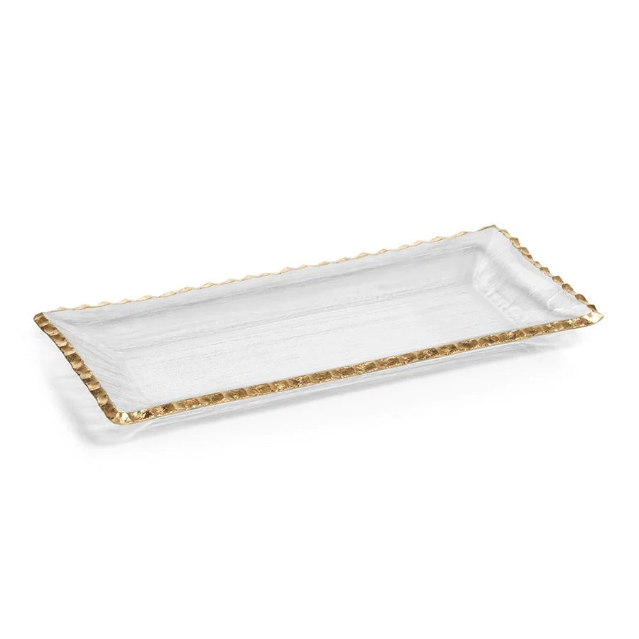 Textured Rectangular Tray w/ Jagged Gold Rim-14.5"
