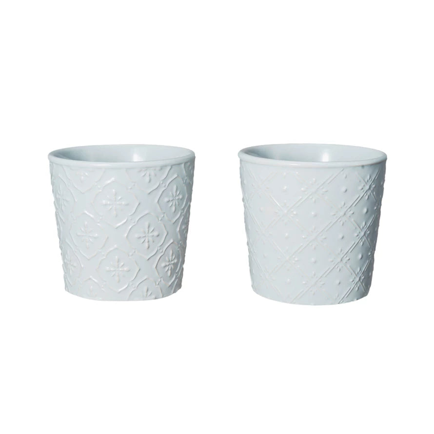 Embossed Stoneware Planter, White, 2 Styles (Holds 5" Pot)