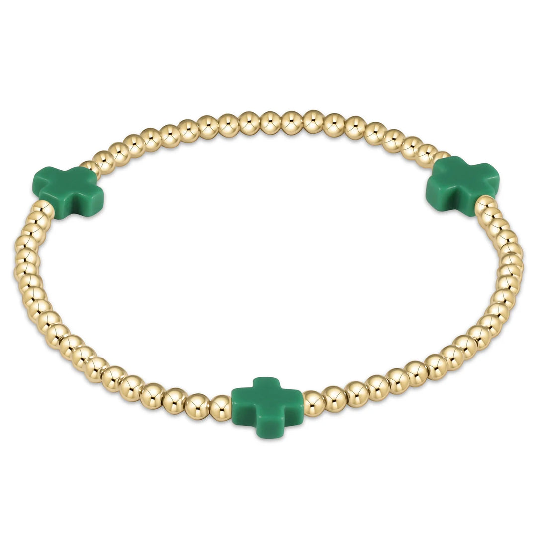 signature cross gold pattern 3mm bead bracelet emerald e-girl size