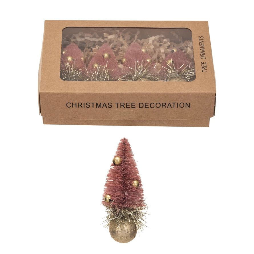 Sisal Bottle Brush Tree Ornaments w/ Glass Ball Base, Boxed Set of 4 Pink