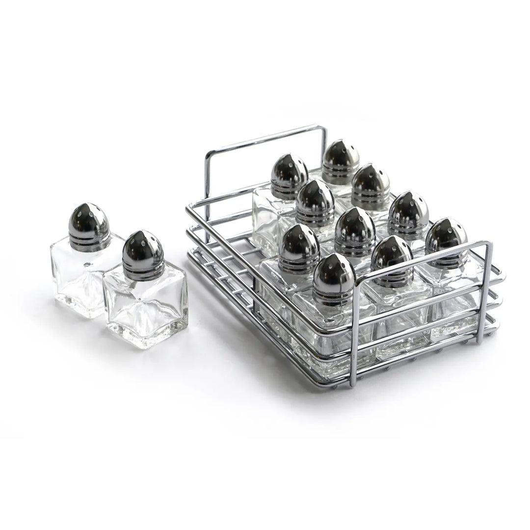 Mini Glass S & P Shakers Set of 12 w/ Rack