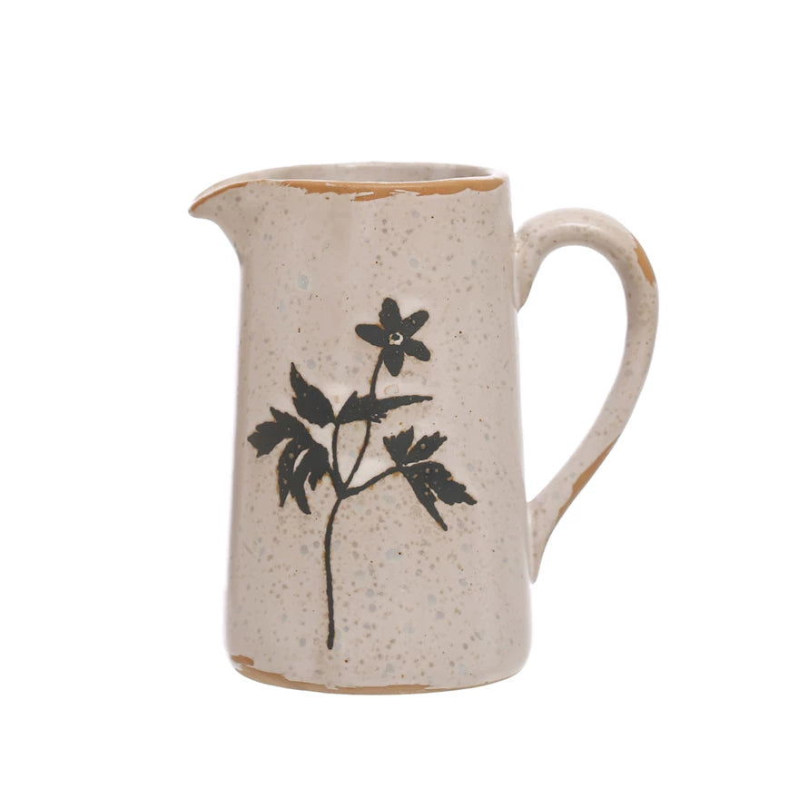 6 oz. Debossed Stoneware Creamer w/ Flowers (Each One Will Vary)