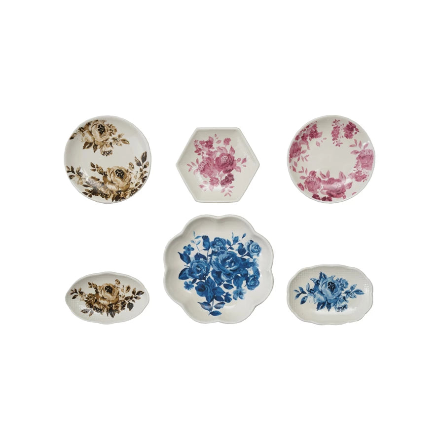 Stoneware Plate Shaped Magnets with Flowers, 6 Styles