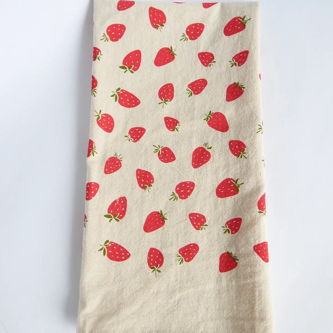Strawberry Kitchen Towel, Handprinted Tea Towel, Berry Towel