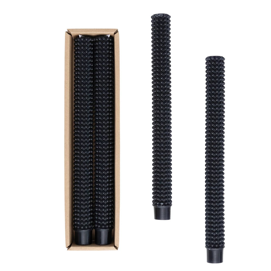 Unscented Hobnail Pillar Taper Candles Black, Set of 2