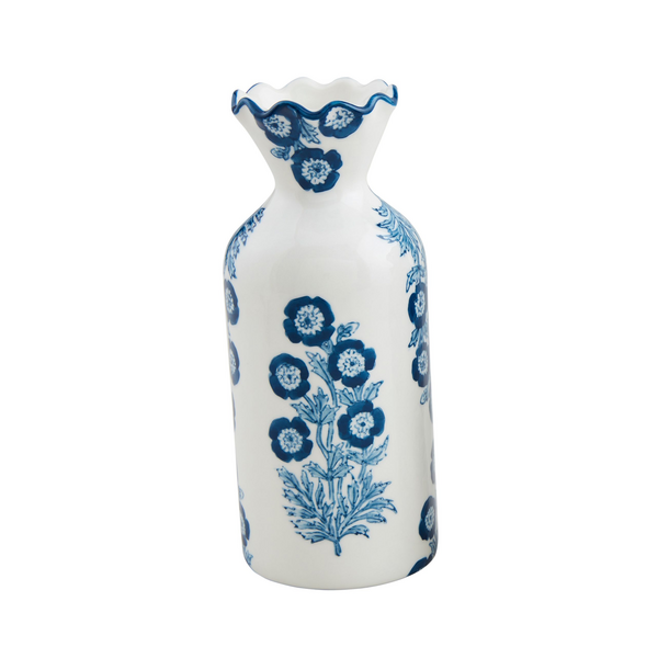 Large Blue Floral Print Bud Vase-Hand Stamped Stoneware