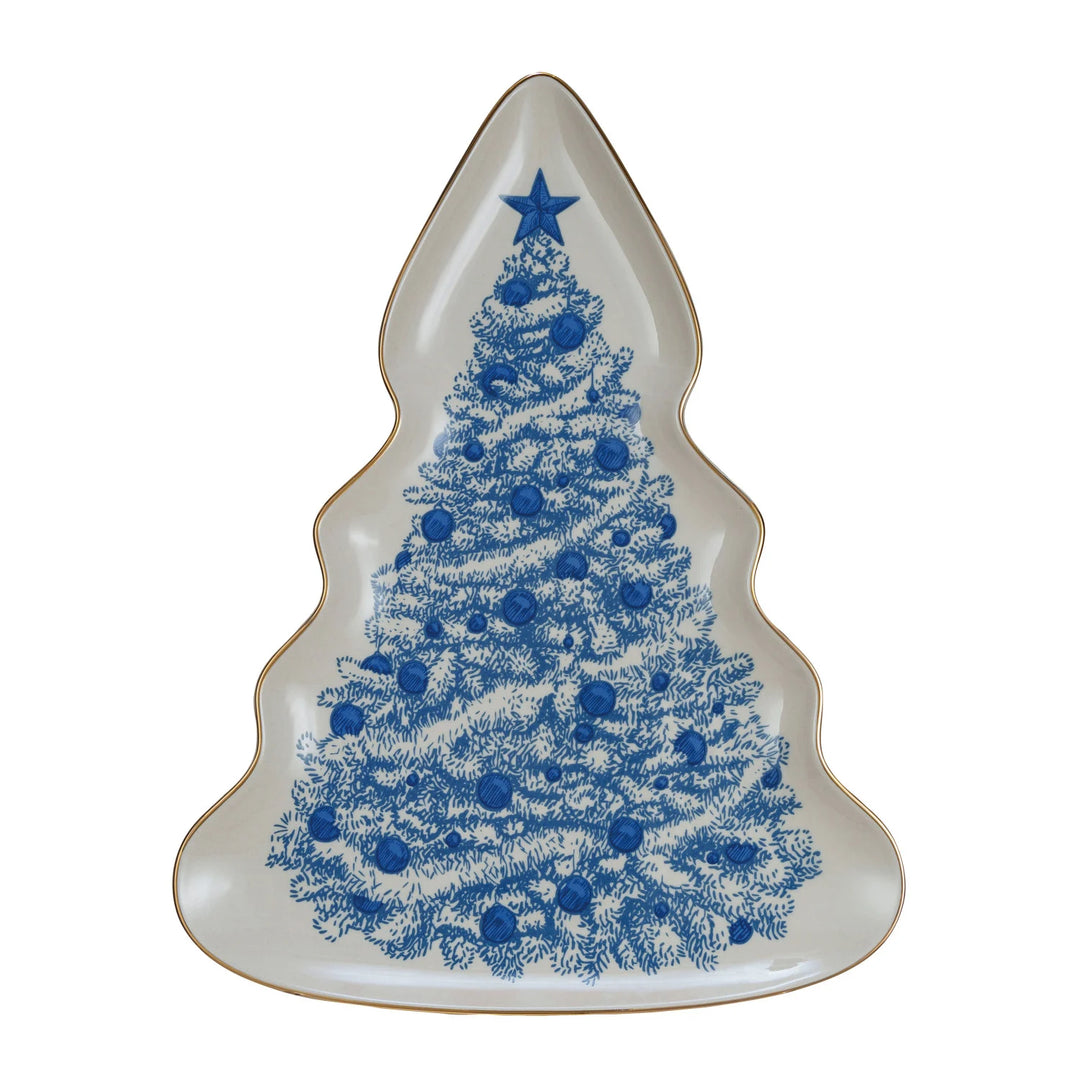 Stoneware Christmas Tree Serving Plate w/ Gold Electroplated Rim