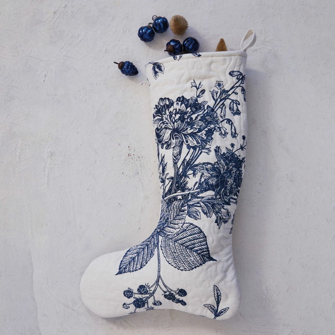 Blue and white Quilted cotton stocking with navy botanical print