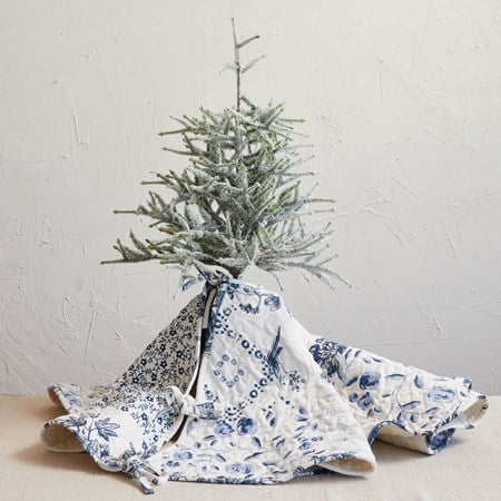Blue and White quilted cotton tree skirt with navy botanical
