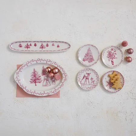 Pink Stoneware Platter w Deer and Trees