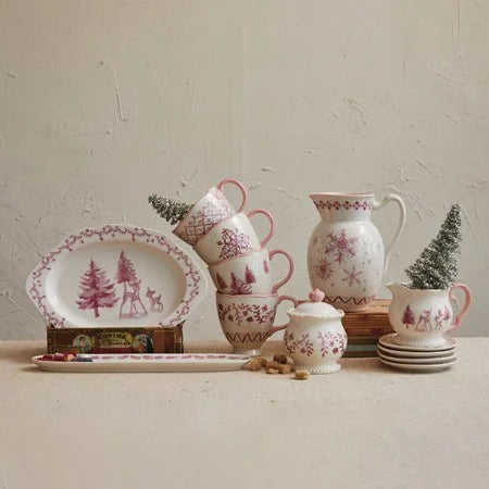 Pink Deer and Tree Stoneware Sugar and Creamer Set