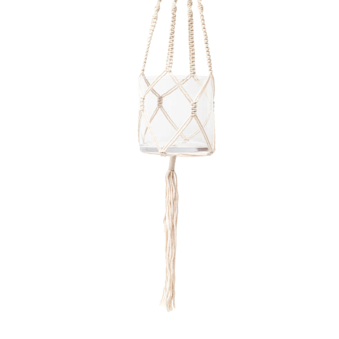 Mini Light Colored Macrame Hanging Planter with Glass Flower Pot 6"x6"