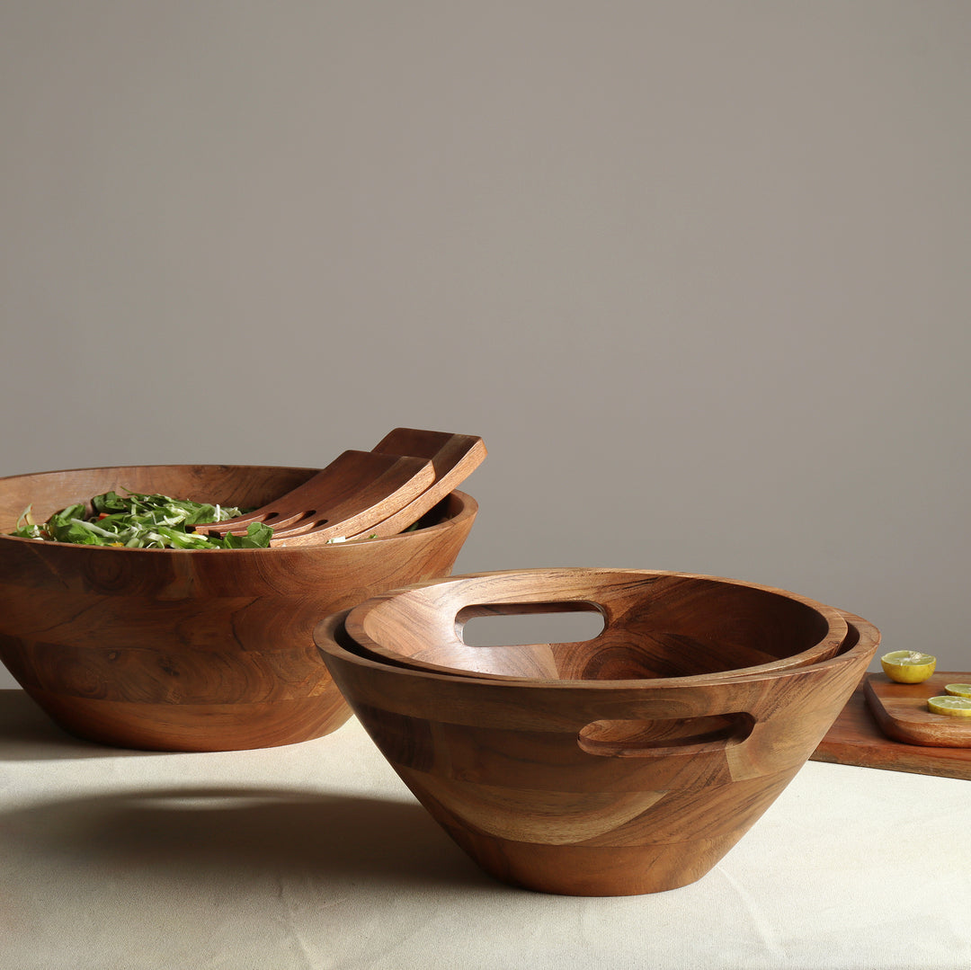 Rustic Acacia Wood Serving Bowl With Handle