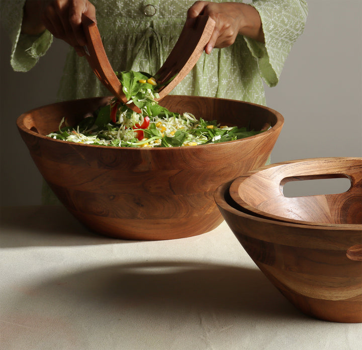 Rustic Acacia Wood Serving Bowl With Handle