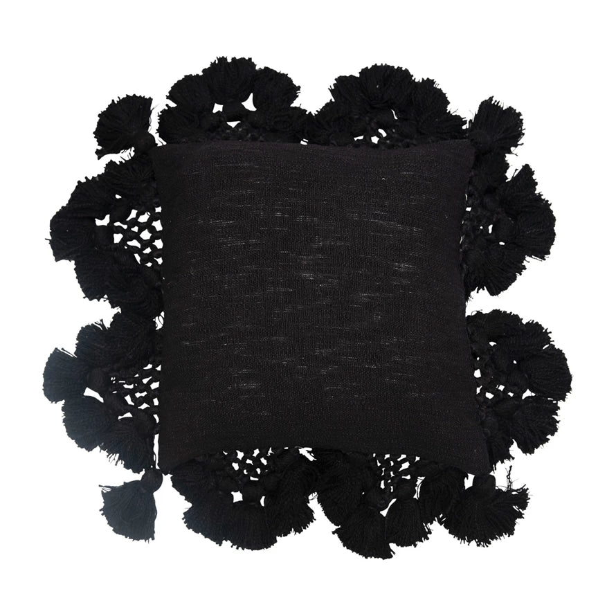 18" Cotton Slub Pillow w/ Crochet & Tassels