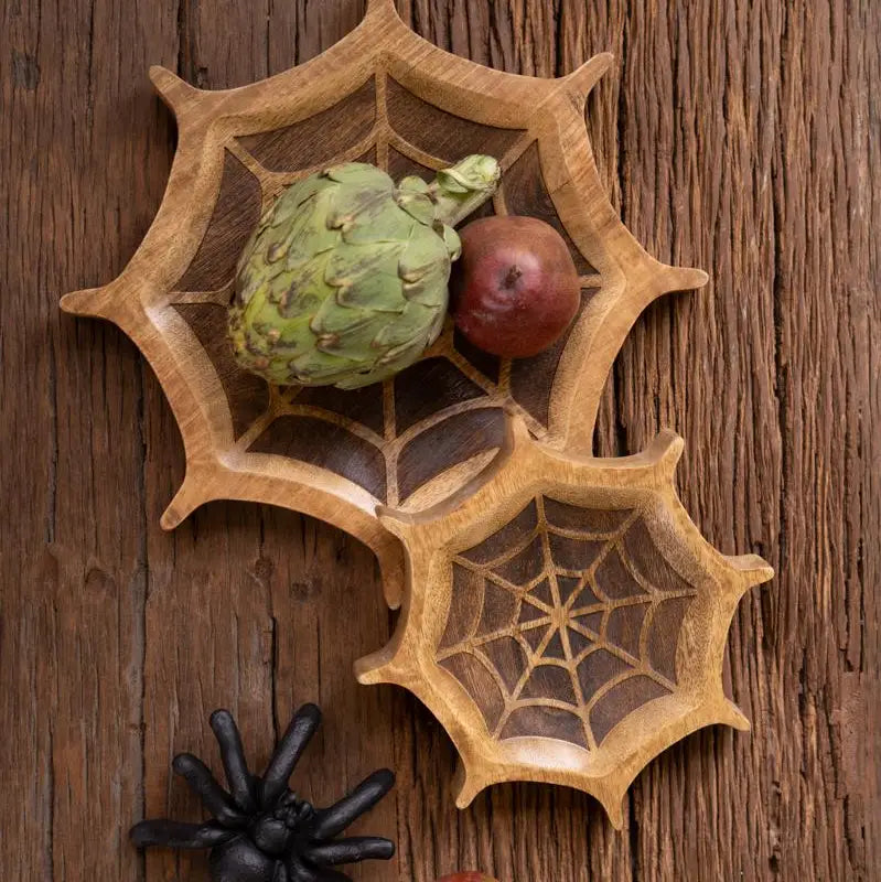Carved Mango Wood Halloween Spider Webs