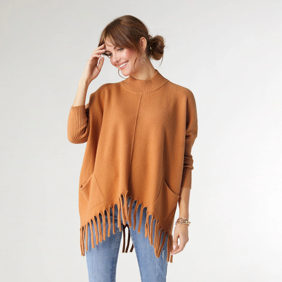 Heavenly-Luxe Flowy Mock Neck Fringe Sweater - Brown