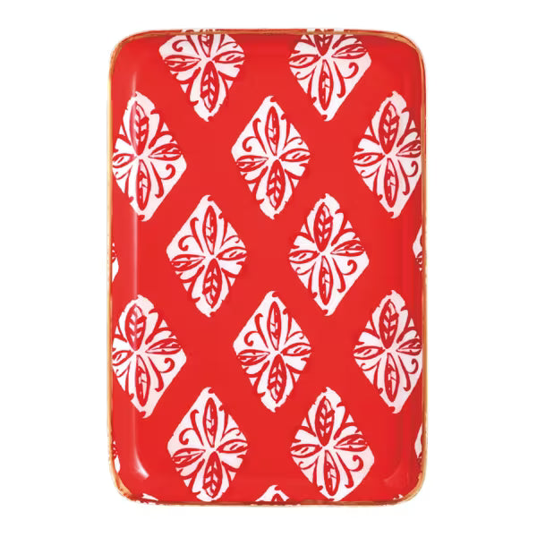 RED BLOCK PRINT METAL TIDBIT PLATE