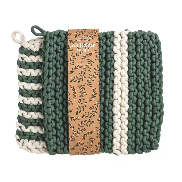 WHITE & GREEN STRIPE POT HOLDER SET