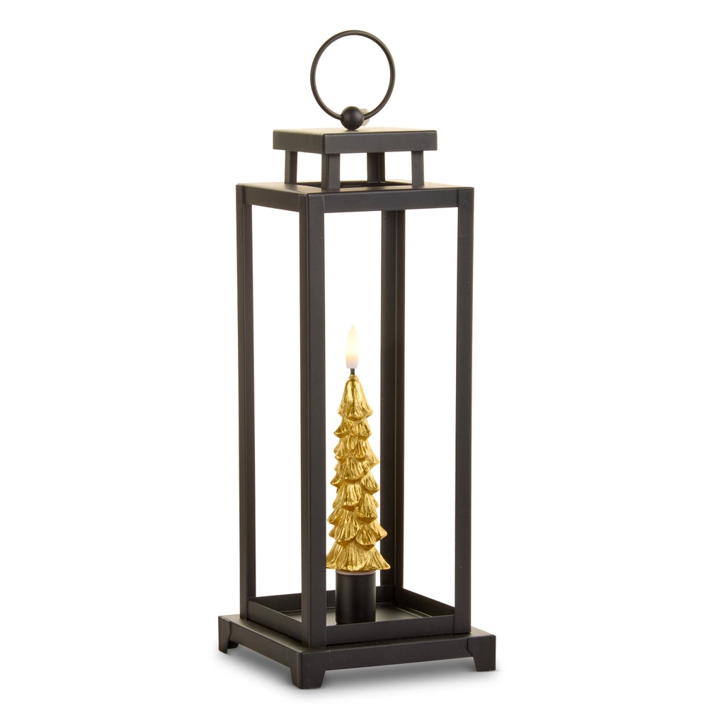 12.5" Lantern With Gold Taper Tree Candle