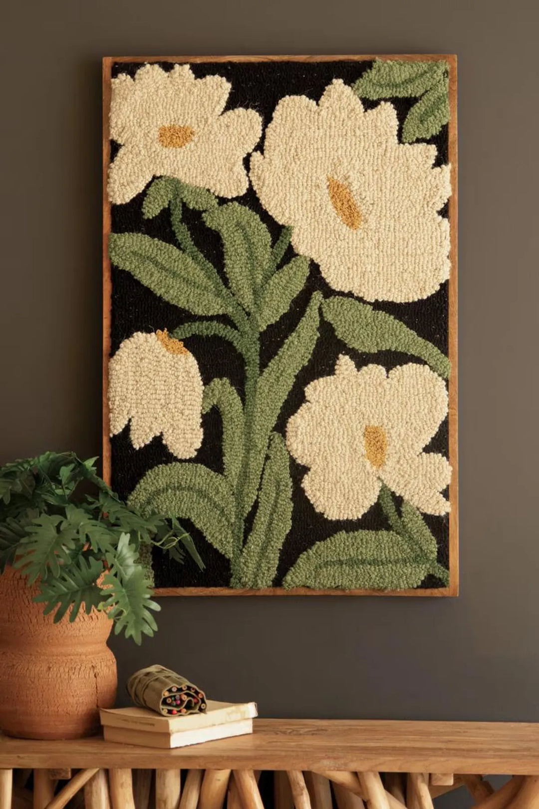 Framed Hand-Hooked Art with White Flowers