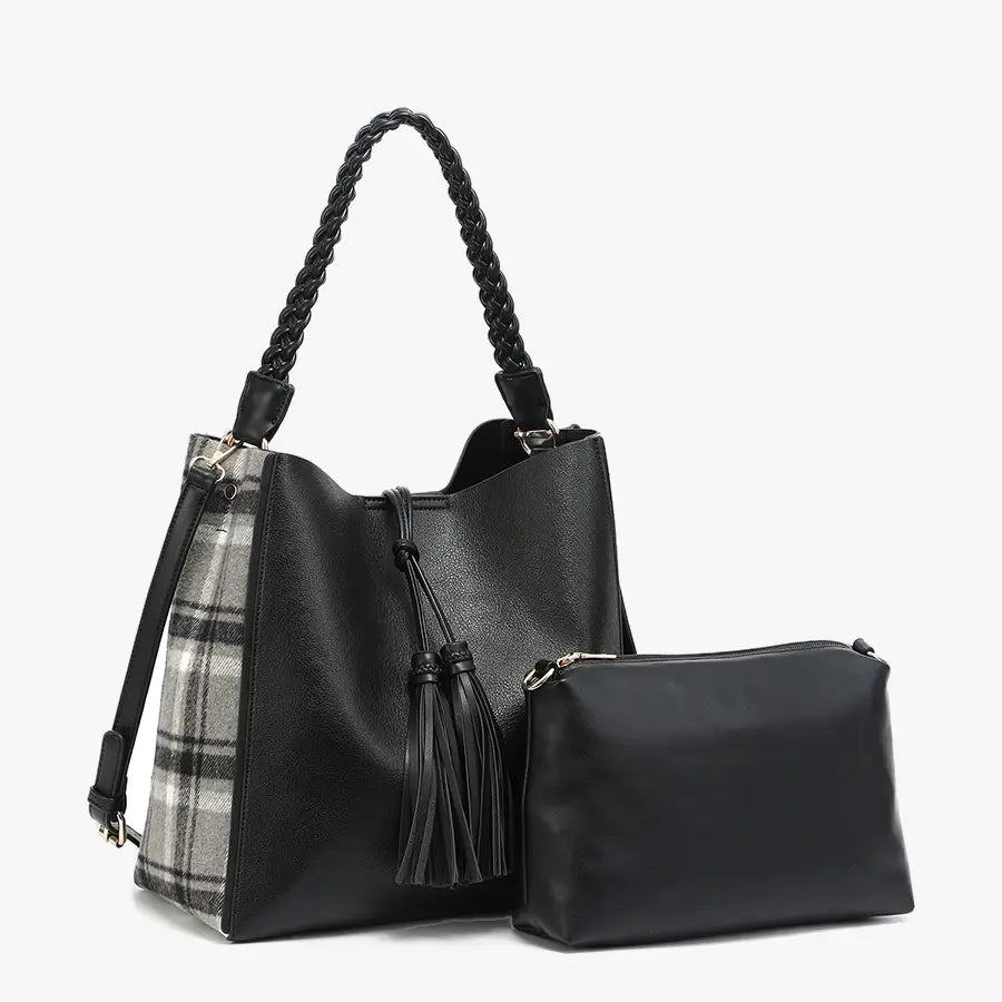 Dina Plaid Contrast Tote w/ Tassel