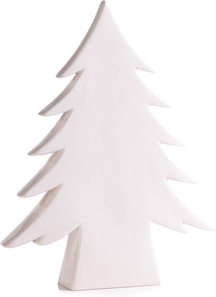 10.75" Tall "Teton" Ceramic Christmas Tree Tabletop Decoration, White, Silver, Gold