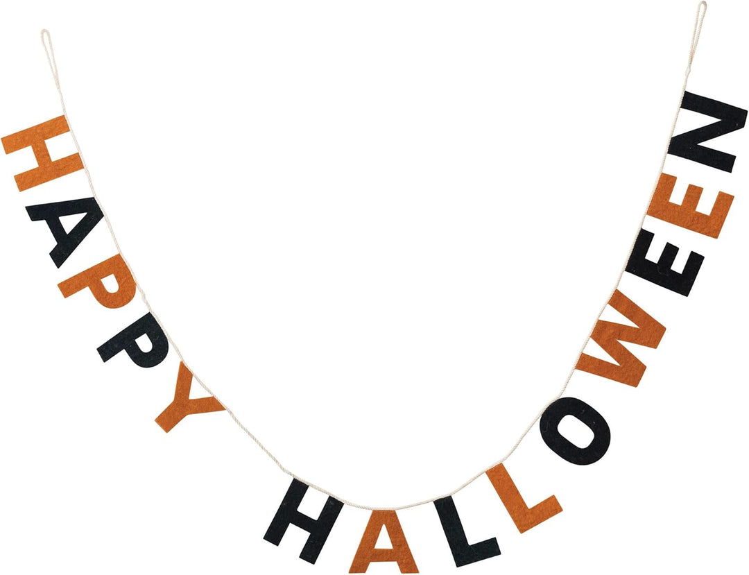 72"L Handmade Wool Felt Banner "Happy Halloween", Orange Color & Black