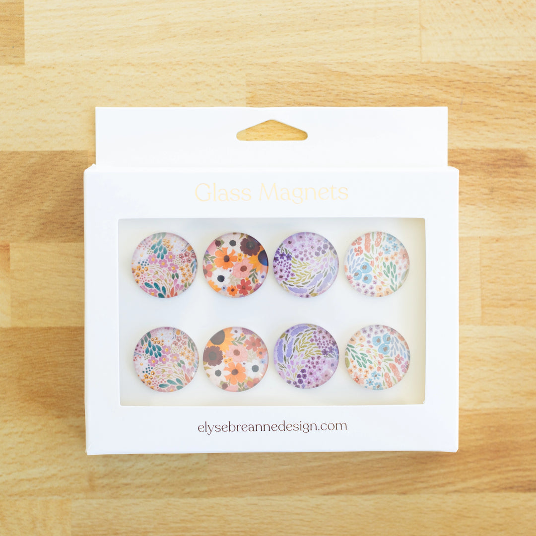 Glass Magnets, Box Set of 8 Floral Magnets
