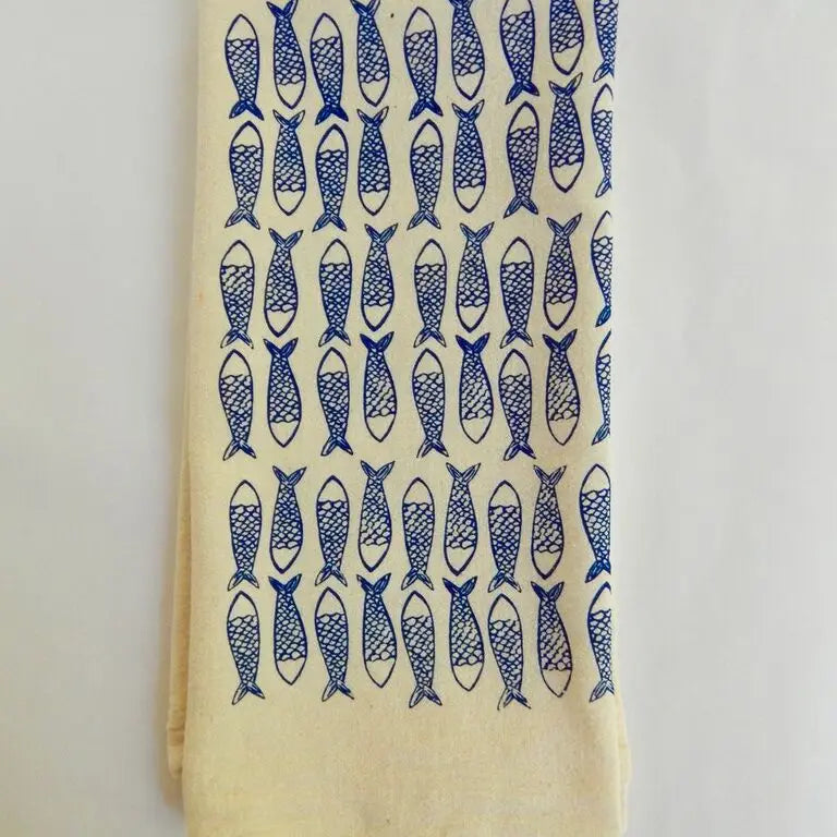 Fish Kitchen Towel, Handprinted Tea Towel, Coastal Towel