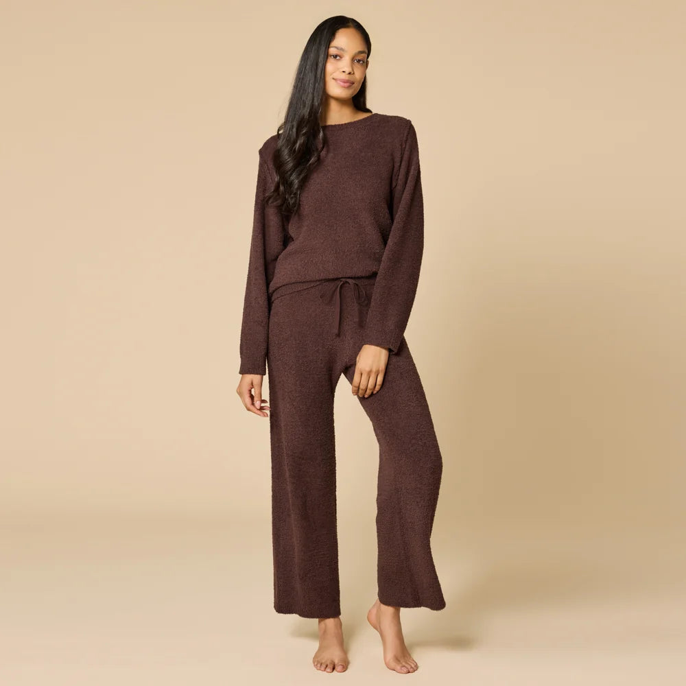 Solid Marshmallow Reverse Seam Crew Neck Lounge Set with Bracelet Sleeve Espresso