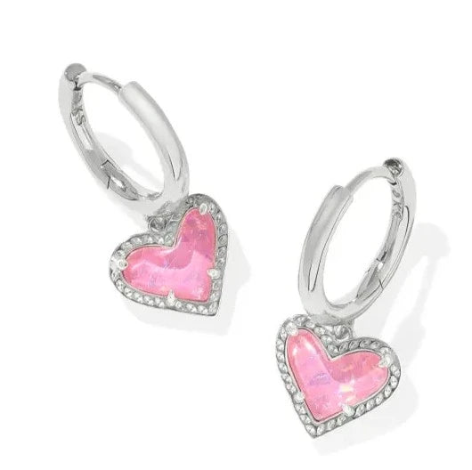 Kendra Scott Ari Heart Silver Huggie Earrings in Pink Iridescent