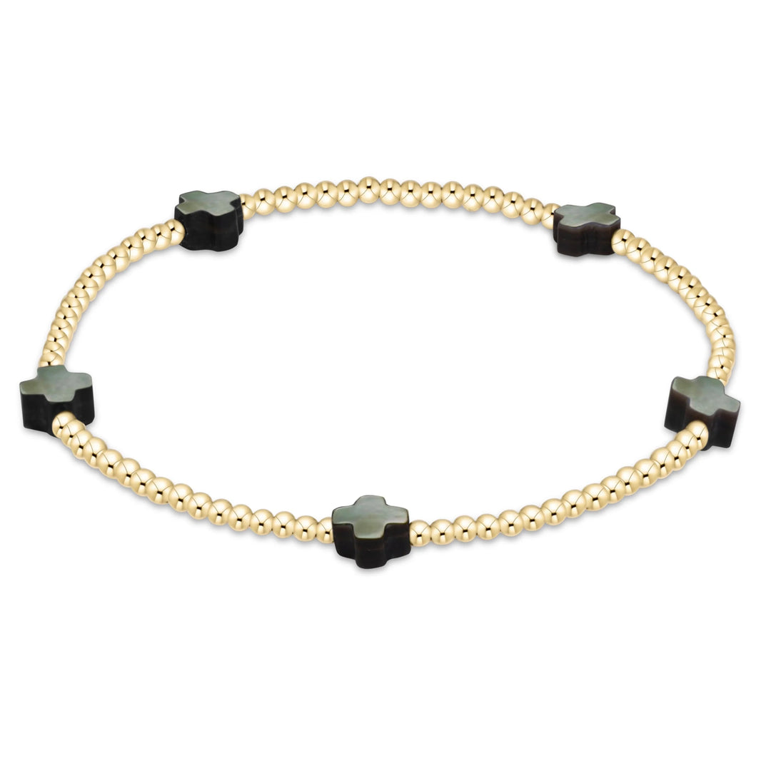 signature cross small 2mm gold bracelet - mother of pearl - black tahitian