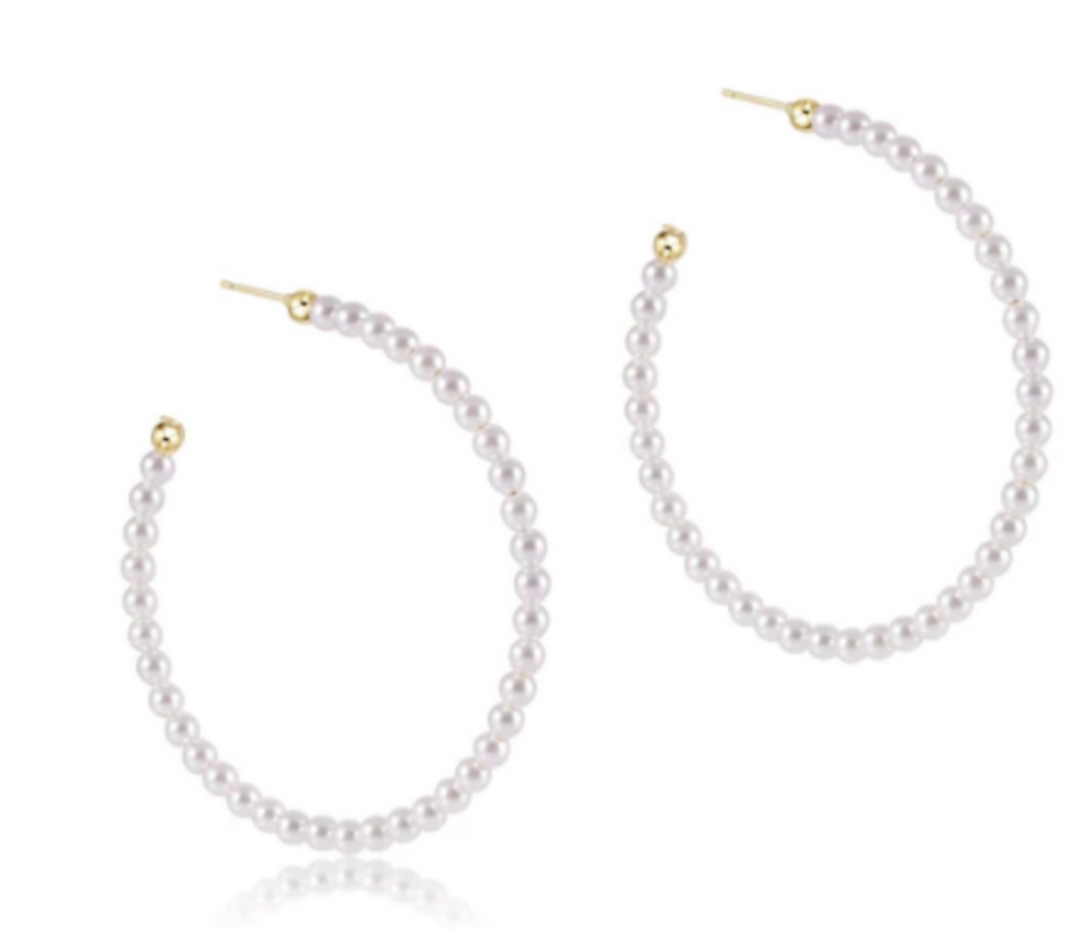 Beaded Gemstone 1.75" Post Hoop-3mm Pearl