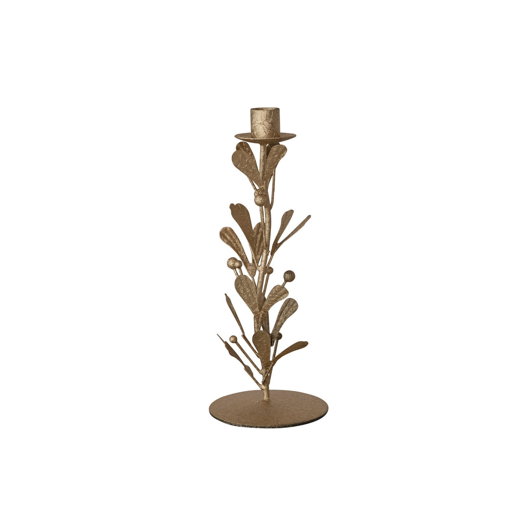 Handmade Metal & Acrylic Bead Mistletoe Taper Holder, Distressed Antique Gold Finish