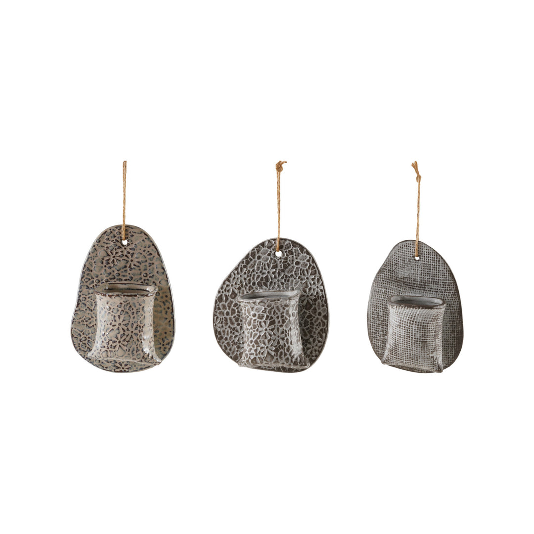 Stoneware Wall Vase with Embossed Stamp Pattern & Jute Hanger, 3 Styles (Each One Will Vary)