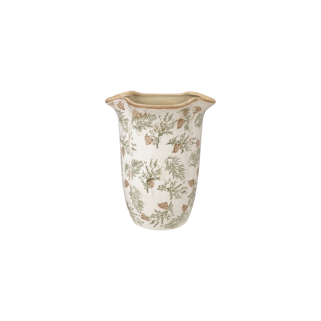Stoneware Scalloped Planter/Vase with Transferware Pine Bough Pattern (Each One Will Vary)