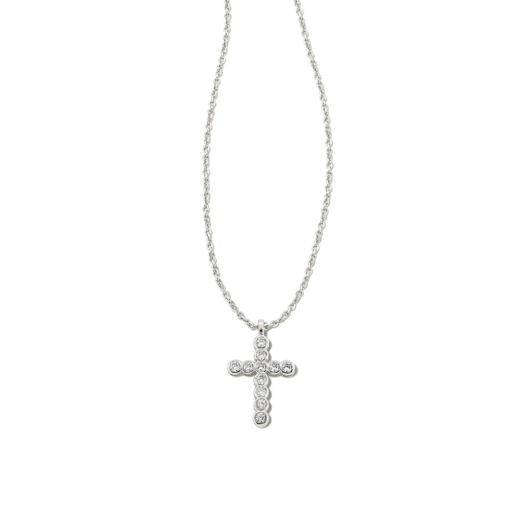 Kendra Scott Cross Silver Pendant Necklace in White Crystal