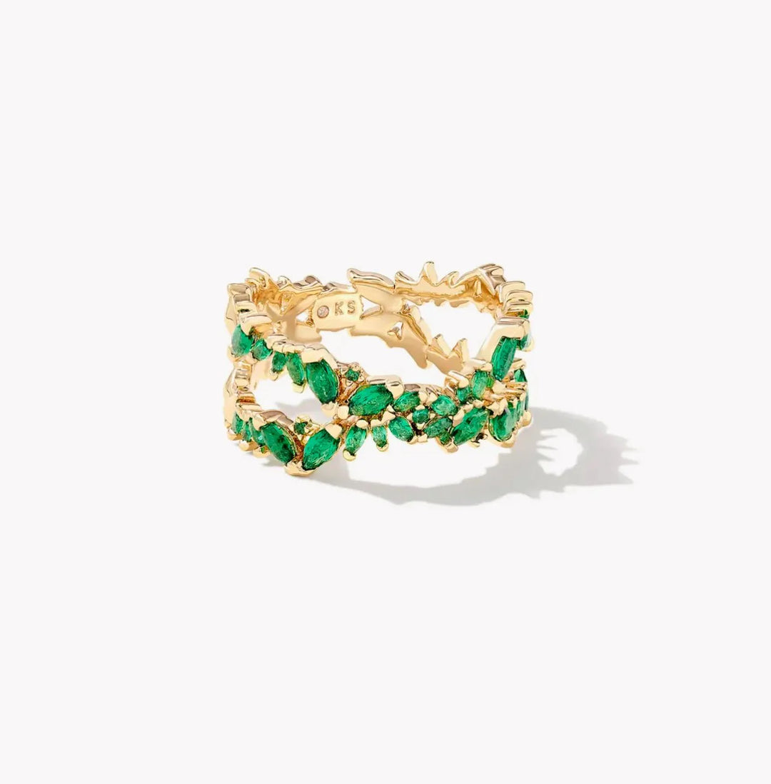 Rosalie Gold Double Band Ring in Green Crystal