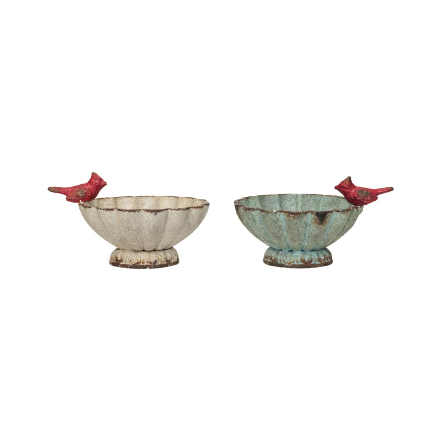 Decorative Pewter Fluted Bowl w/ Bird, Distressed Finish, 2 Colors