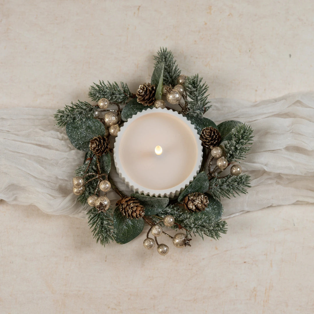 9" GLITTERED GOLD BERRY & PINE CANDLE RING