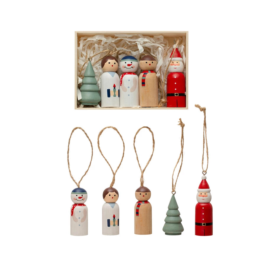 Hand-Painted Pine Wood Christmas Ornaments, Multi Color, Boxed Set of 5