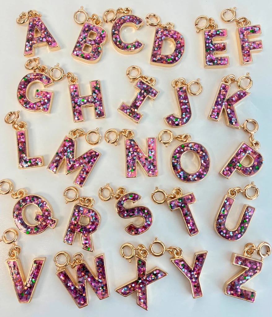 Gold Pink Glitter Letter  Charm