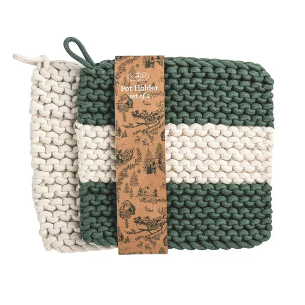 CHUNKY WHITE & GREEN STRIPE POT HOLDER SET