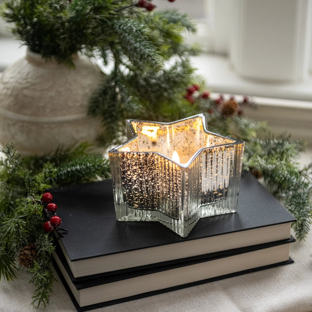 5.5" SILVER MERCURY GLASS STAR 3D FLAME CANDLE