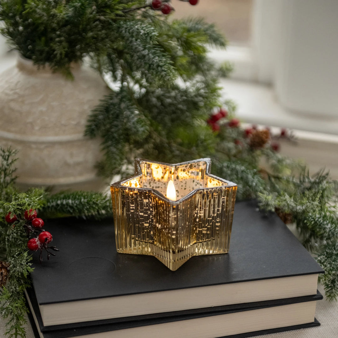 4.5" MERCURY GLASS STAR 3D FLAME CANDLE