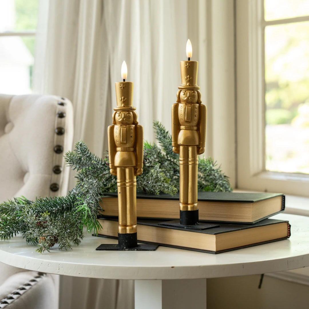 SET/2 - 9.75" 3D FLAME GOLD NUTCRACKER TAPER CANDLES