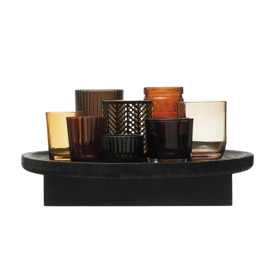 Paulownia Wood Tray w/ Embossed Glass & Metal Tealight/Votive Holders